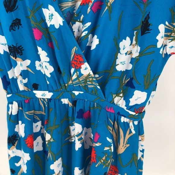 J Crew Mercantile Blue Floral Short Ruffle Sleeve. Faux Wrap Surplice Midi Dress - Picture 5 of 11